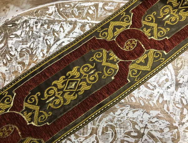 Marron/Brown/Gold- Embroidered Velvet/Satin Jacquard Ribbon - 11.5 Width.