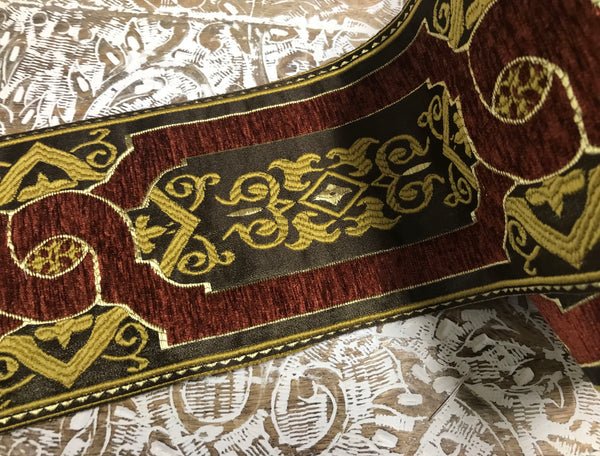 Marron/Brown/Gold- Embroidered Velvet/Satin Jacquard Ribbon - 11.5 Width.