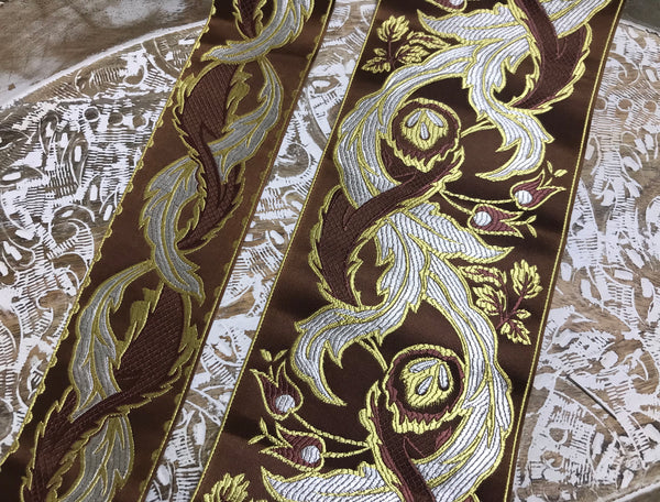 Shades of Brown/White/Gold - Embroidered Velvet Jacquard Ribbon -  6 cm and 12 cm Width.