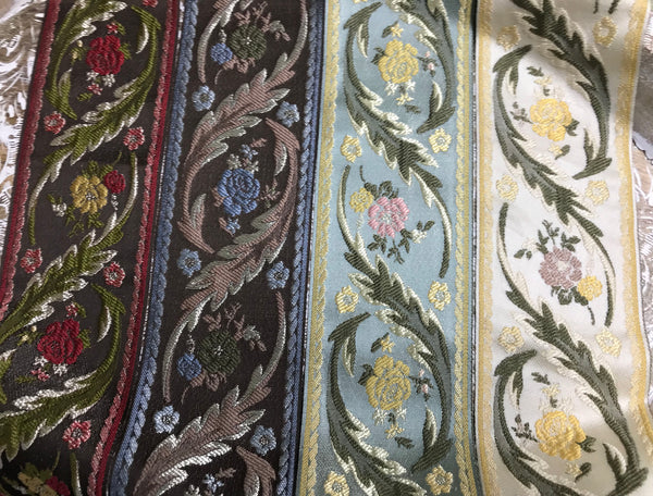 Multi Color - Embroidered Velvet Jacquard Ribbon - in Four Colors - 8.5 cm Width.