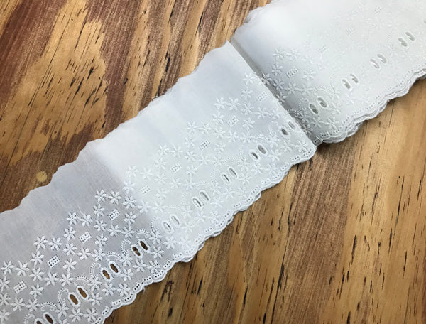 White on White Embroidered Cotton Voile Lace w/Ribbon Insert - Broderie Anglaise - 9.5 cm Wide.