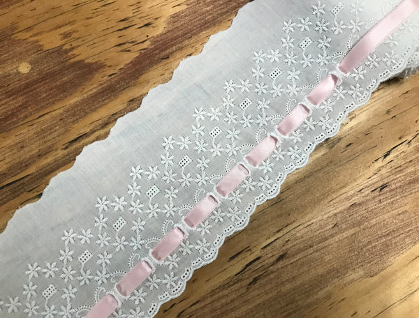 White on White Embroidered Cotton Voile Lace w/Ribbon Insert - Broderie Anglaise - 9.5 cm Wide.