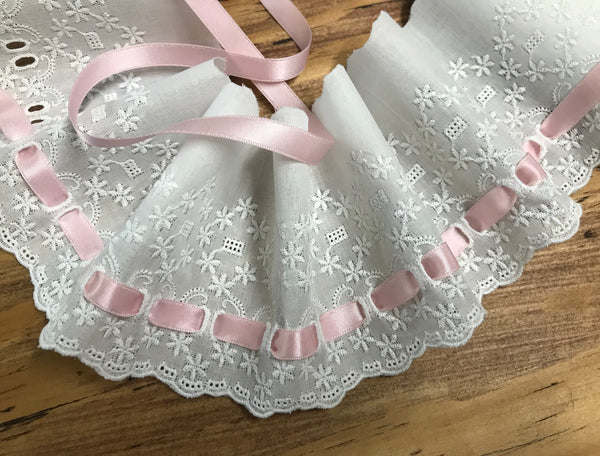 White on White Embroidered Cotton Voile Lace w/Ribbon Insert - Broderie Anglaise - 9.5 cm Wide.