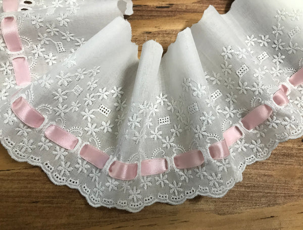 White on White Embroidered Cotton Voile Lace w/Ribbon Insert - Broderie Anglaise - 9.5 cm Wide.