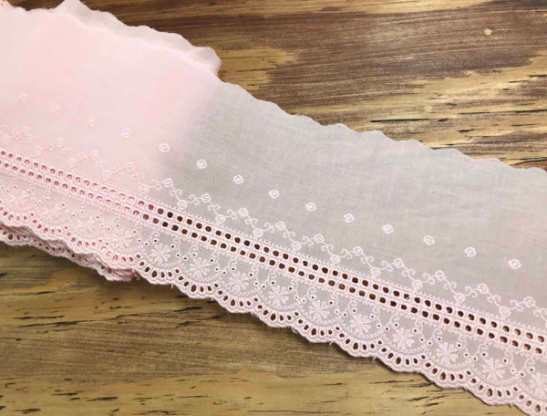 Pink Embroidery on Pink Cotton Voile Background - Broderie Anglaise - 14.5 cm Wide.