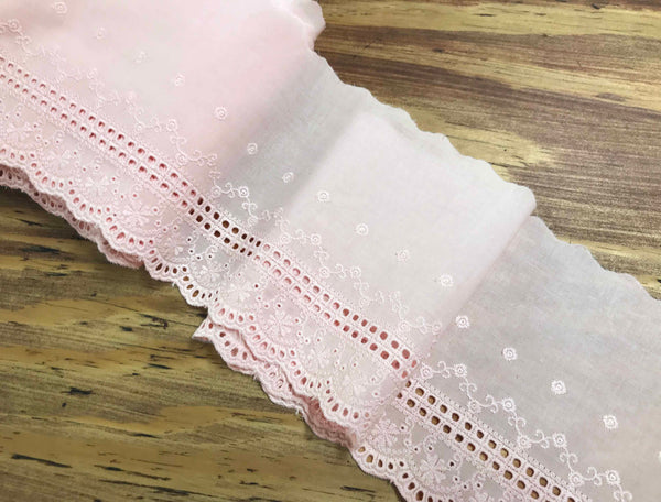Pink Embroidery on Pink Cotton Voile Background - Broderie Anglaise - 14.5 cm Wide.