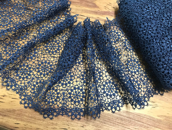 Indigo Blue Soft and Shinny - Italian  Embroidered Lace - 21 cm  Wide.
