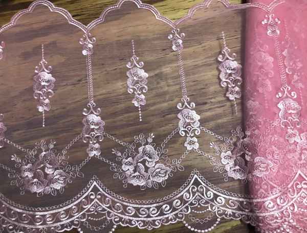 Double Edge Pink on Pink Background - Embroidered Soft Tulle Lace - 41.5 cm Wide.