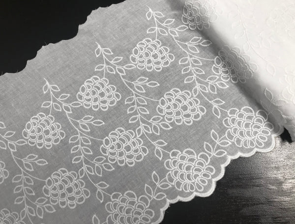 White Roses Embroidery on White Cotton Voile - Broderie Anglaise - 25 cm Wide.