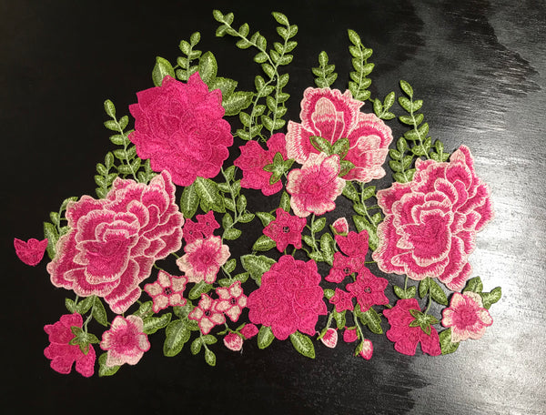 Shades of Pink/White/Green Colors Embroidery (No Backing, all Embroidery) - Sew on Applique - 39 cm Length x 31 cm Width.