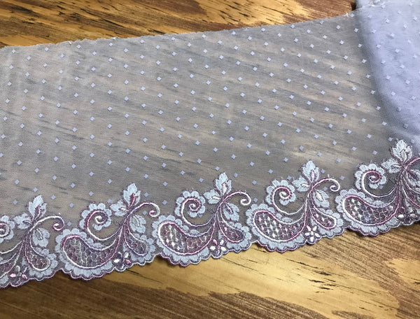 Lavender and Pink Embroidery on Lavender w/Swiss Dot Background  - Embroidered Italian Soft Tulle Lace - 20 cm Wide.