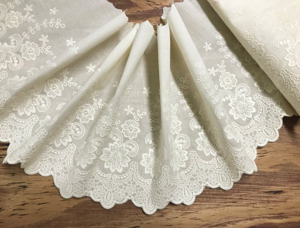 Ivory  Broderie Anglaise Lace on  Cotton Voile - 22 cm Wide.