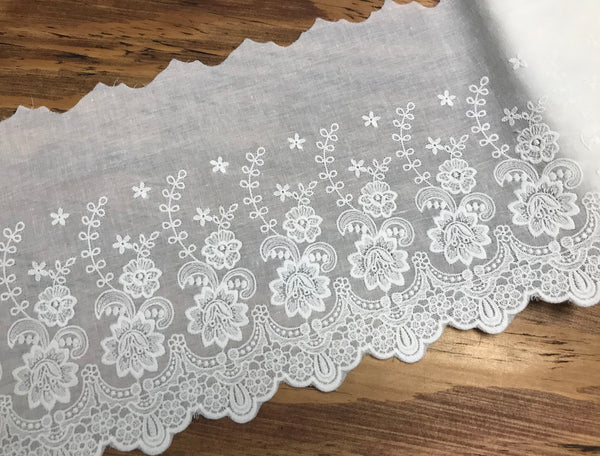 White Broderie Anglaise Lace on  Cotton Voile - 22 cm Wide