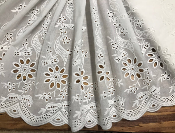 White Embroidery on White Background - Broderie Anglaise -  Cotton Voile - 44 cm Wide.