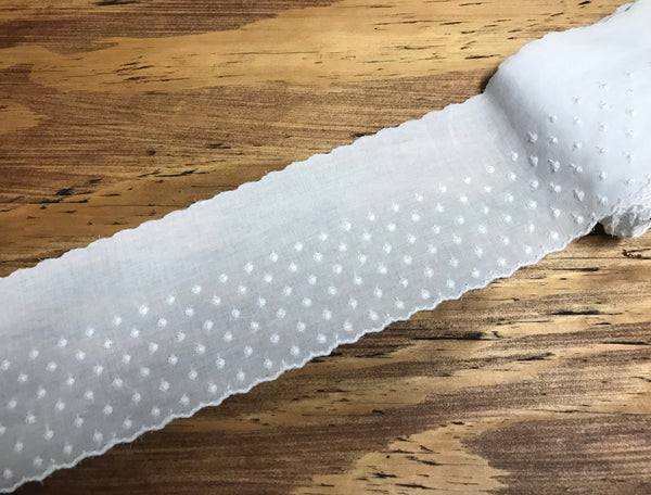 White Swiss Dot Embroidery - Broderie Anglaise Lace White Swiss Cotton Voile - 9.5 cm Wide.
