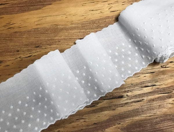 White Swiss Dot Embroidery - Broderie Anglaise Lace White Swiss Cotton Voile - 9.5 cm Wide.