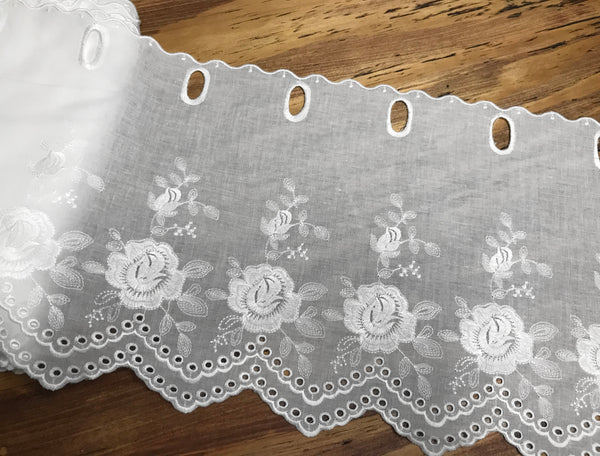 White w/Shinny Embroidery and Ribbon Insert -  Broderie Anglaise Lace on  Cotton Voile - 26 cm Wide.