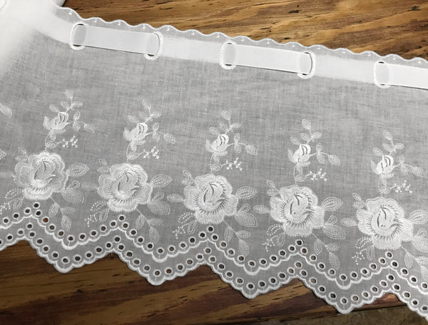 White w/Shinny Embroidery and Ribbon Insert -  Broderie Anglaise Lace on  Cotton Voile - 26 cm Wide.