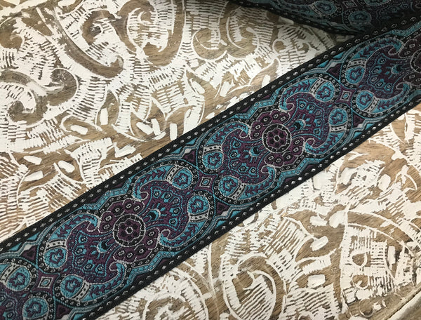 Shades of Blue/Purple/Grey with Silver Edge Stitches on Black Background - Jacquard Ribbon- 5 cm Wide.