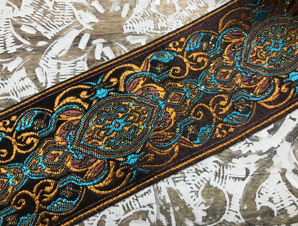 Shades of Blue/Gold on Brown Background - Jacquard Ribbon- 6 cm Wide.