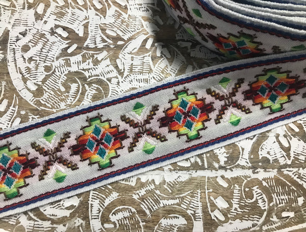 Multi Color Cross Stitch - Cotton Embroidered Jacquard Ribbon - 5.3 cm Wide.