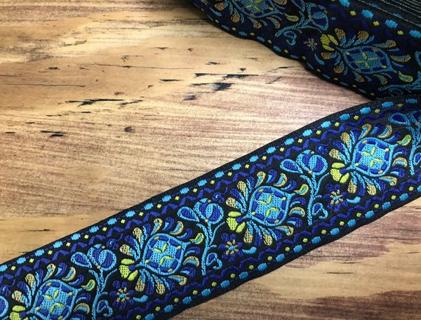 Shades of Blue/Orange/Yellow on Black Background - Embroidered Jacquard Ribbon - 5 cm Wide.