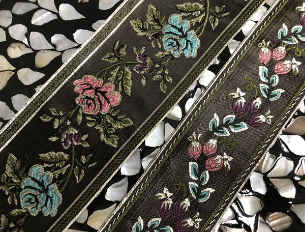 Multi Color Floral on Brown Background - Embroidered Velvet Jacquard Ribbon -  8 cm and 6 cm Width.