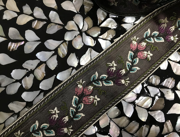 Multi Color Floral on Brown Background - Embroidered Velvet Jacquard Ribbon -  8 cm and 6 cm Width.
