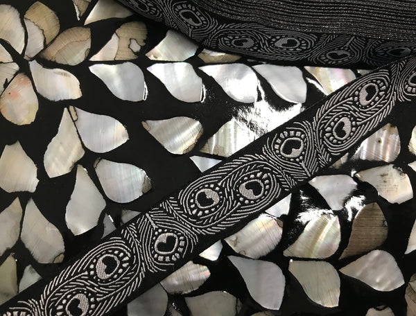 hite Feathers on  Black Background  - Embroidered Jacquard Ribbon - 7/8" Wide.