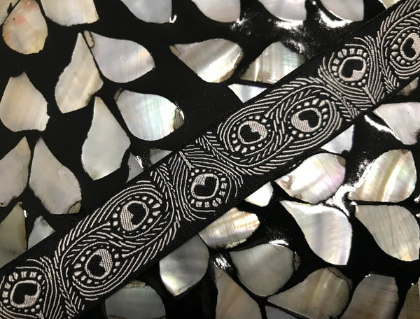 hite Feathers on  Black Background  - Embroidered Jacquard Ribbon - 7/8" Wide.
