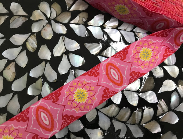Multi Color Floral/Geometric Pattern  on Pink Background - Embroidered Jacquard Ribbon - 1.5" Wide.