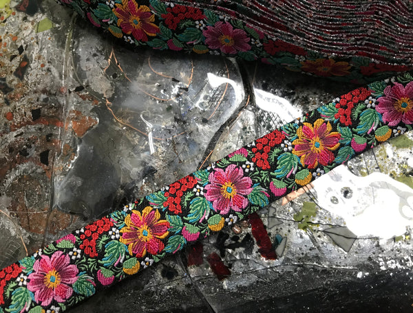 Multi Color California Pops on Black  Background - Embroidered Jacquard Ribbon - 7/8" Wide.