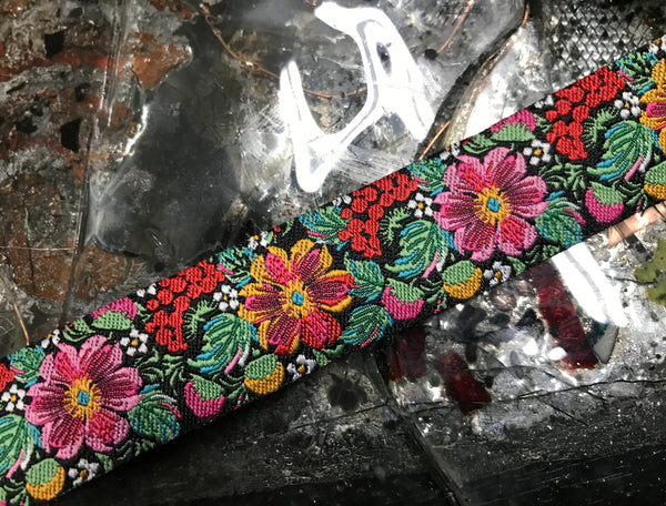 Multi Color California Pops on Black  Background - Embroidered Jacquard Ribbon - 7/8" Wide.