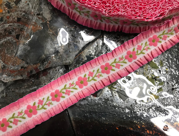 Pink/Yellow/Blue Ruffled  Elastic  - Embroidered Jacquard Ribbon - 1.1" Wide.