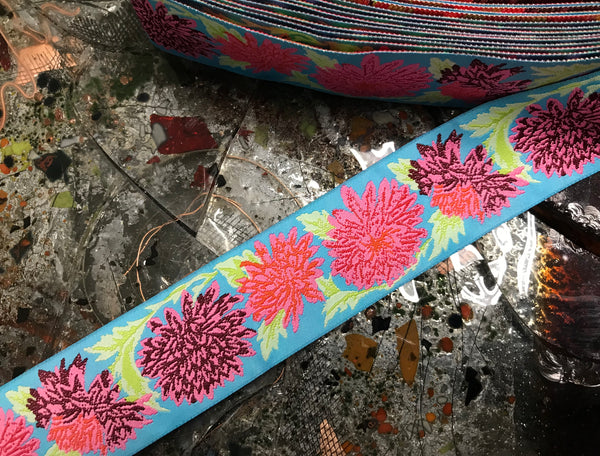 Multi Color Peonies Floral on Turquoise Background - Embroidered Jacquard Ribbon - 1.5" Wide.