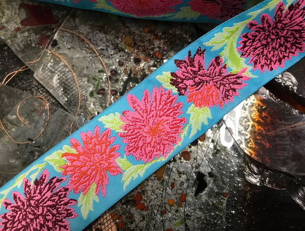 Multi Color Peonies Floral on Turquoise Background - Embroidered Jacquard Ribbon - 1.5" Wide.