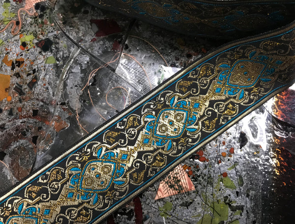 Multi Color Shiny w/Metallic Filigree  on Brown Background - Embroidered Jacquard Ribbon - 5 cm Wide, In 2 Colors