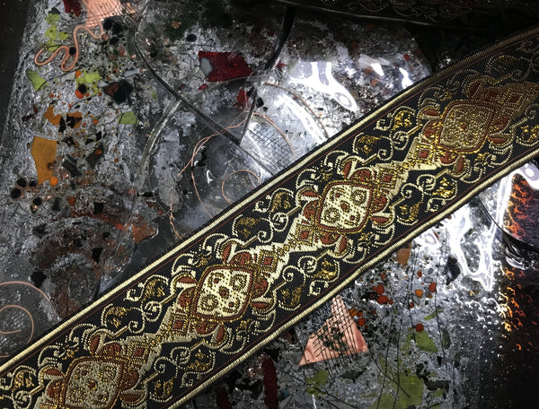 Multi Color Shiny w/Metallic Filigree  on Brown Background - Embroidered Jacquard Ribbon - 5 cm Wide, In 2 Colors