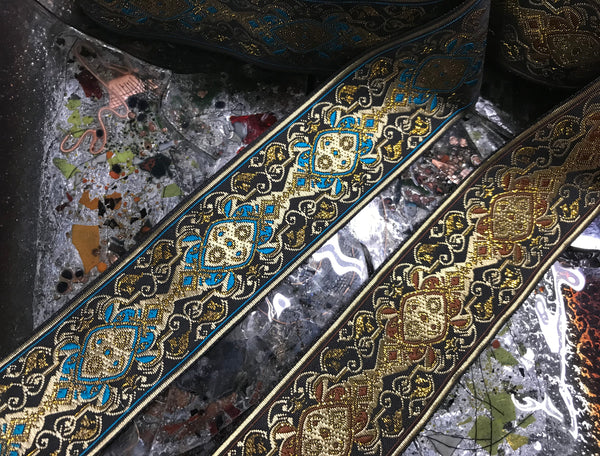 Multi Color Shiny w/Metallic Filigree  on Brown Background - Embroidered Jacquard Ribbon - 5 cm Wide, In 2 Colors