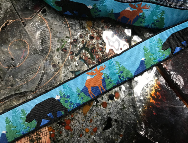 Bears and Deers on  Blue Background - Embroidered Jacquard Ribbon - 7/8" Wide.