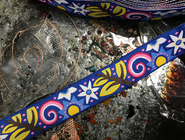 Multi Color Floral on  Blue Background - Embroidered Jacquard Ribbon - 7/8" Wide.