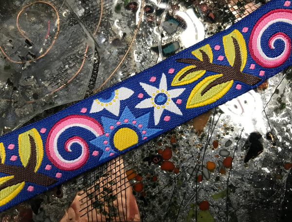 Multi Color Floral on  Blue Background - Embroidered Jacquard Ribbon - 7/8" Wide.