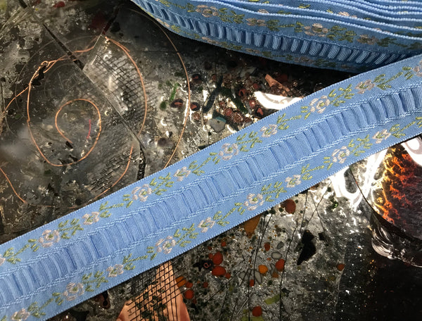 Pale Pink Roses on Blue Background - Ruffled Center Embroidered Jacquard Ribbon - 1" Wide.