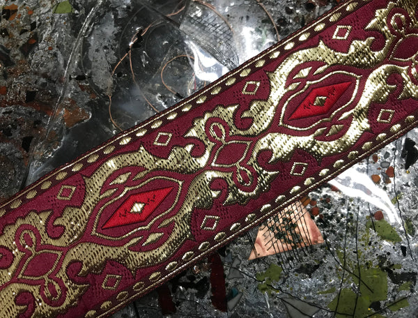 Metallic Gold and Red on Burgundy  Background - Embroidered Jacquard Ribbon - 5 cm Wide.