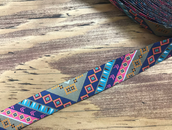 Multi Color Geometric Pattern - Embroidered Jacquard Ribbon - 7/8" Wide.
