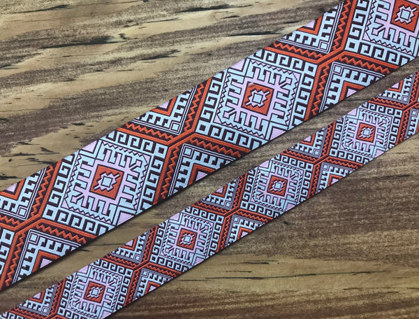 Salmon  White Geometric Print - Embroidered Jacquard Ribbon - 2 Sizes Available.