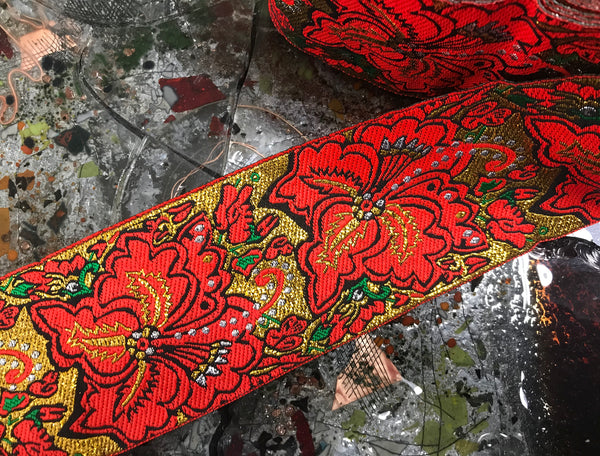 Shades of Tangerine/Green/Black and Gold Filigree - Jacquard Ribbon- 7 cm Wide.