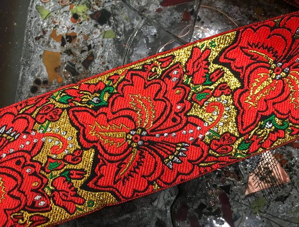 Shades of Tangerine/Green/Black and Gold Filigree - Jacquard Ribbon- 7 cm Wide.