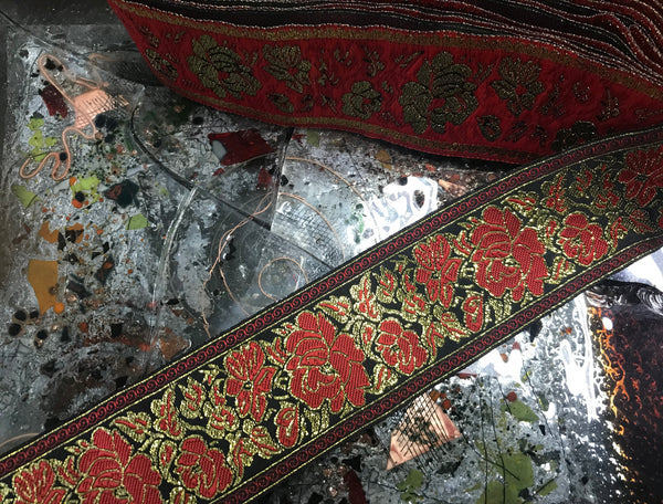 Red with Gold Filigree on Black Background - Jacquard Ribbon- 5 cm Wide.
