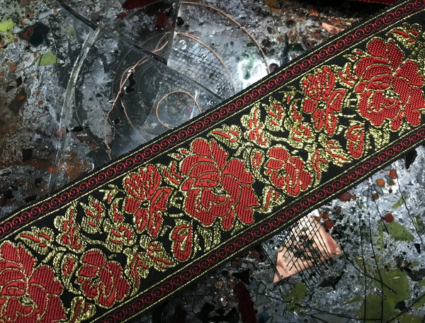 Red with Gold Filigree on Black Background - Jacquard Ribbon- 5 cm Wide.